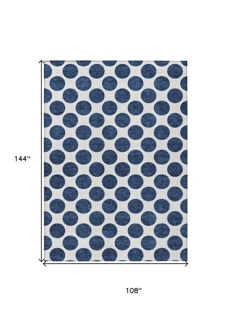 9' X 12' Navy Blue And Ivory Polka Dot Washable Indoor Outdoor Area Rug
