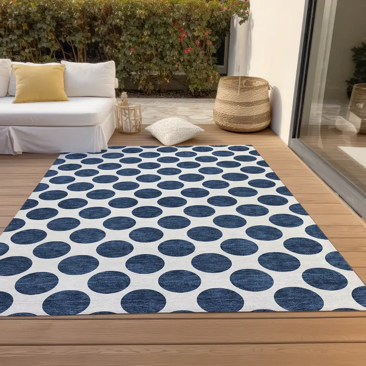 9' X 12' Navy Blue And Ivory Polka Dot Washable Indoor Outdoor Area Rug