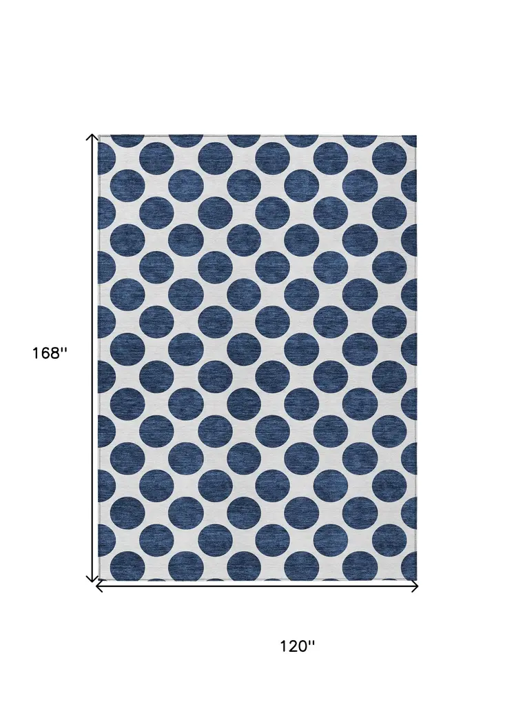 10' X 14' Navy Blue And Ivory Polka Dot Washable Indoor Outdoor Area Rug