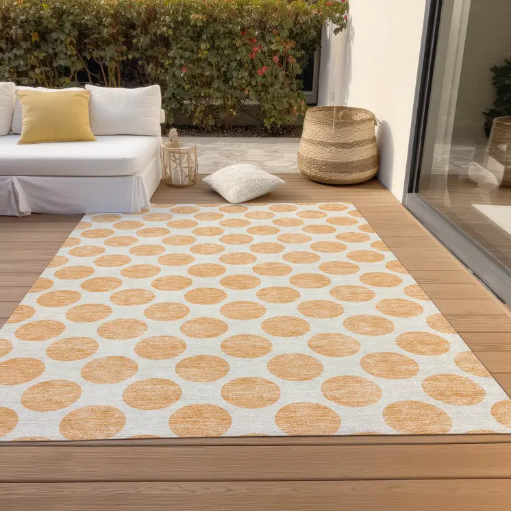 5' X 8' Peach And Ivory Polka Dot Washable Indoor Outdoor Area Rug