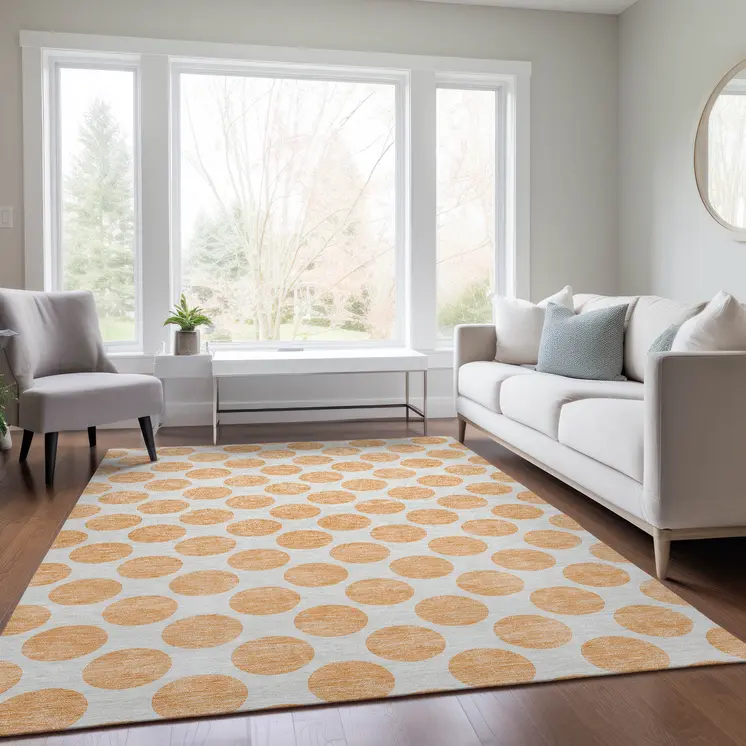 5' X 8' Peach And Ivory Polka Dot Washable Indoor Outdoor Area Rug