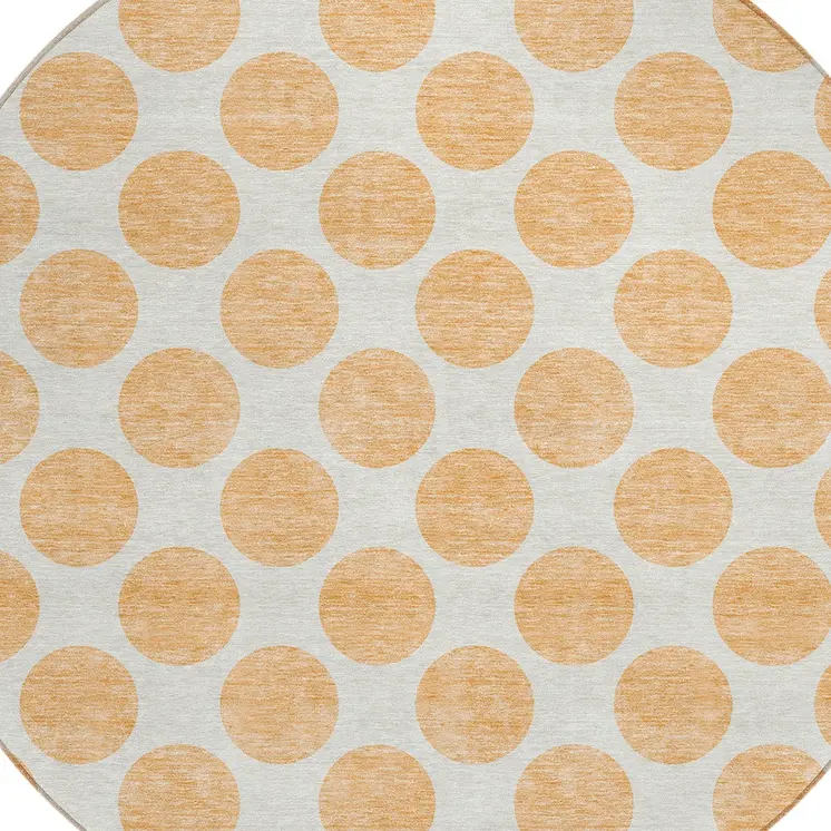8' Peach And Ivory Round Polka Dot Washable Indoor Outdoor Area Rug