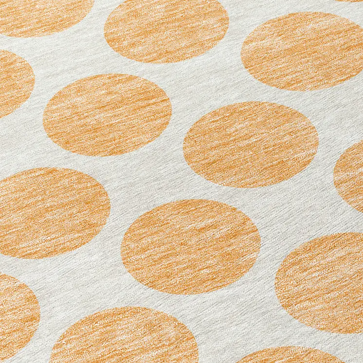8' Peach And Ivory Round Polka Dot Washable Indoor Outdoor Area Rug