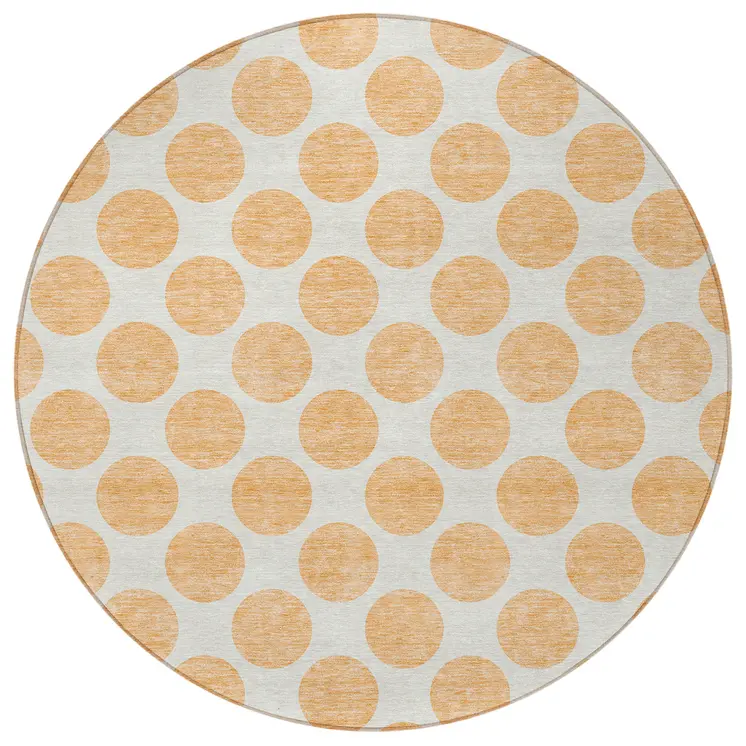 8' Peach And Ivory Round Polka Dot Washable Indoor Outdoor Area Rug