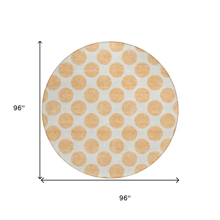 8' Peach And Ivory Round Polka Dot Washable Indoor Outdoor Area Rug