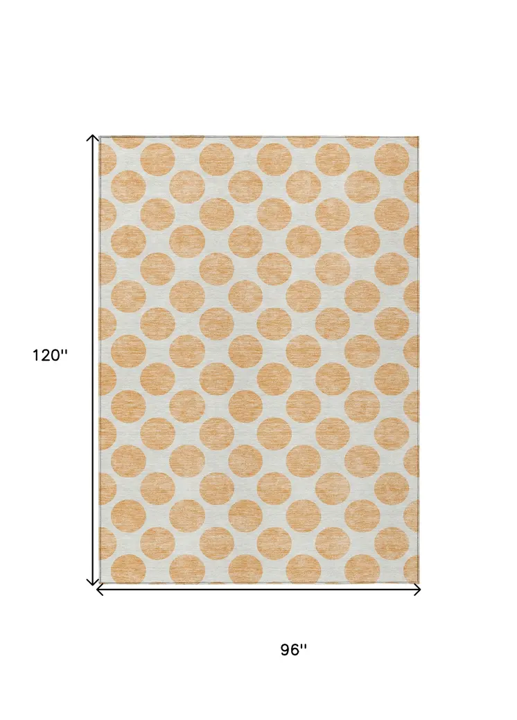 8' X 10' Peach And Ivory Polka Dot Washable Indoor Outdoor Area Rug