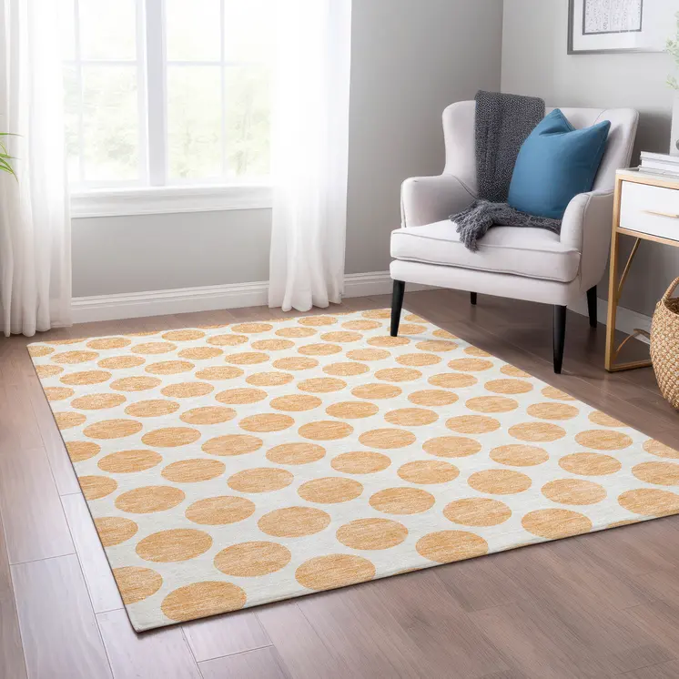 8' X 10' Peach And Ivory Polka Dot Washable Indoor Outdoor Area Rug