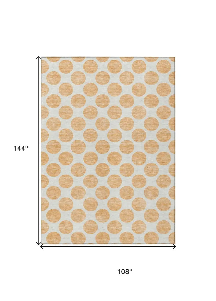 9' X 12' Peach And Ivory Polka Dot Washable Indoor Outdoor Area Rug