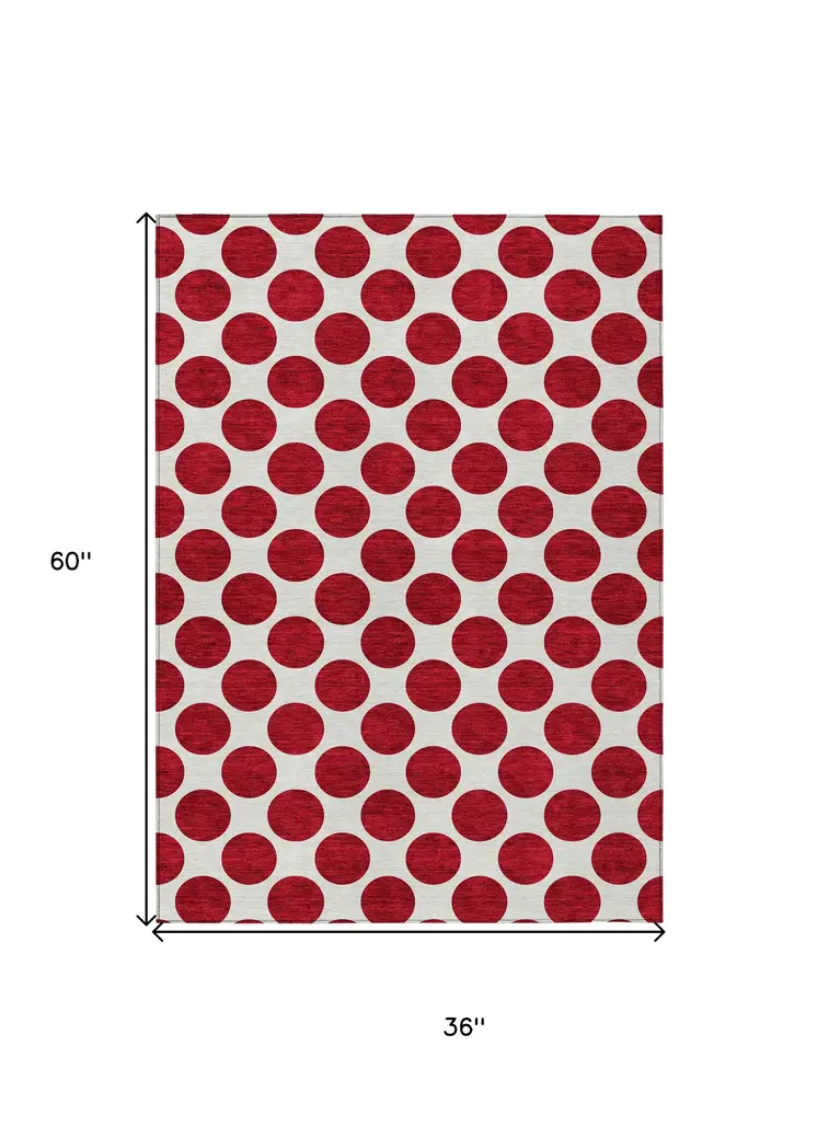 3' X 5' Red And Ivory Polka Dot Washable Indoor Outdoor Area Rug