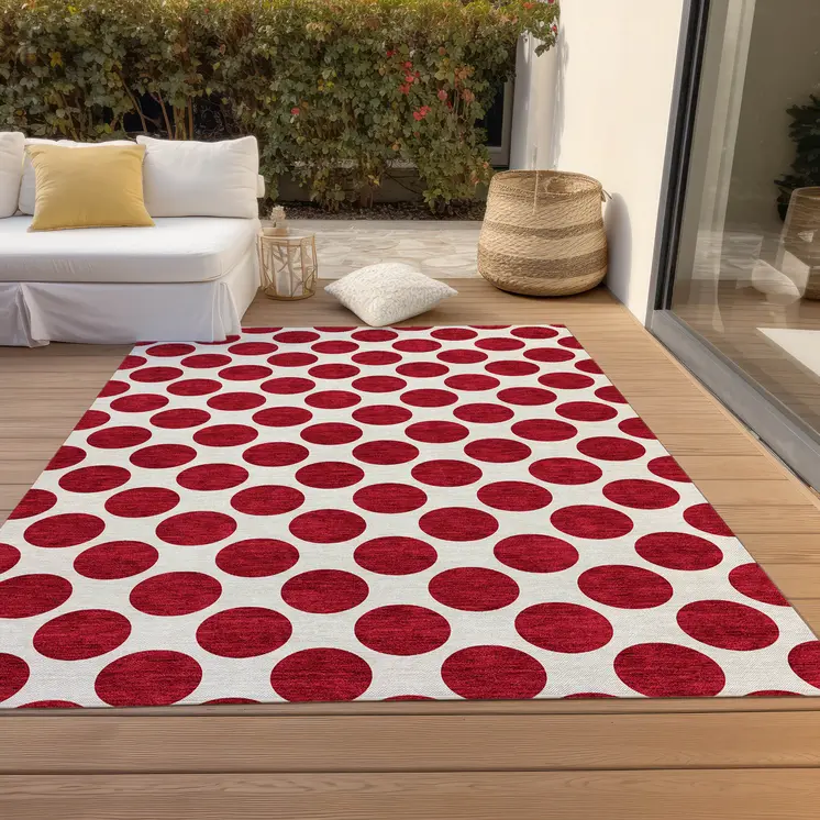 3' X 5' Red And Ivory Polka Dot Washable Indoor Outdoor Area Rug