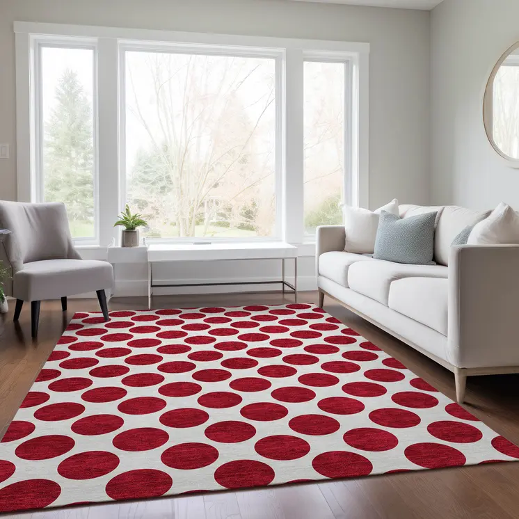 3' X 5' Red And Ivory Polka Dot Washable Indoor Outdoor Area Rug