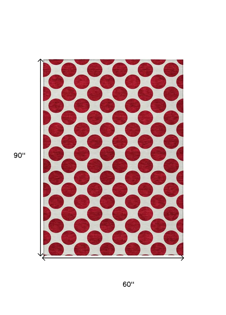 5' X 8' Red And Ivory Polka Dot Washable Indoor Outdoor Area Rug