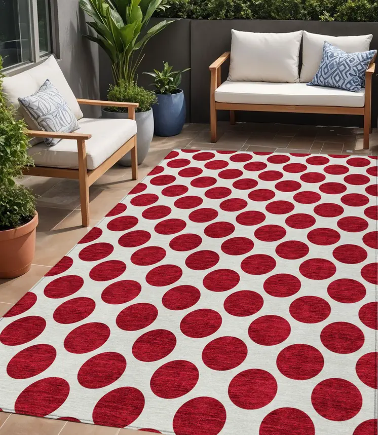 5' X 8' Red And Ivory Polka Dot Washable Indoor Outdoor Area Rug