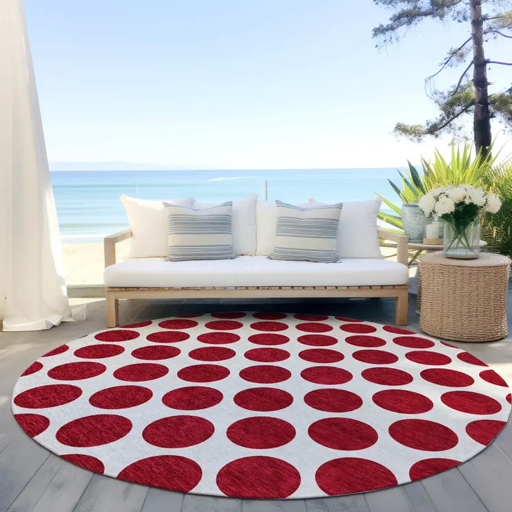 8' Red And Ivory Round Polka Dot Washable Indoor Outdoor Area Rug