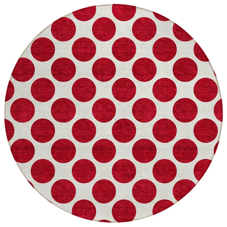 8' Red And Ivory Round Polka Dot Washable Indoor Outdoor Area Rug