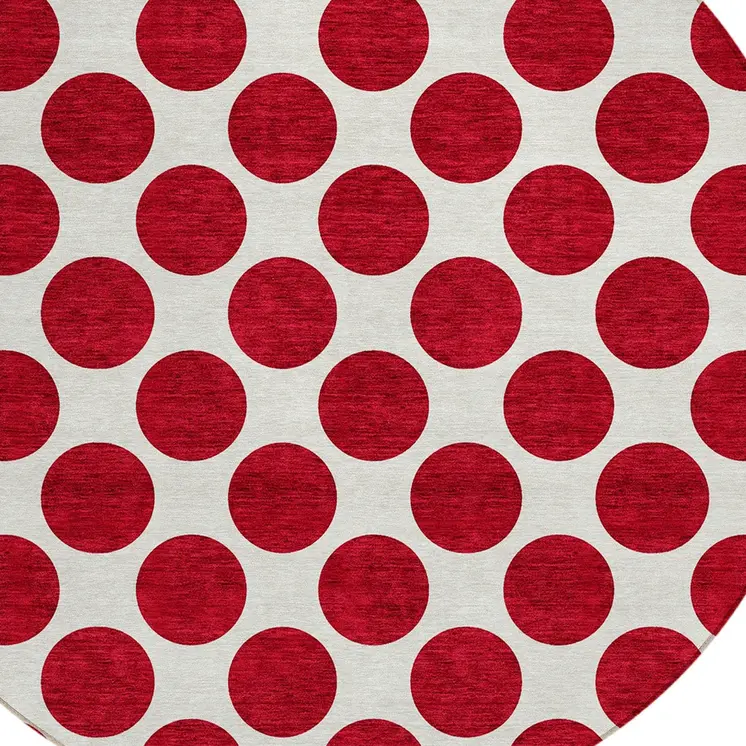 8' Red And Ivory Round Polka Dot Washable Indoor Outdoor Area Rug