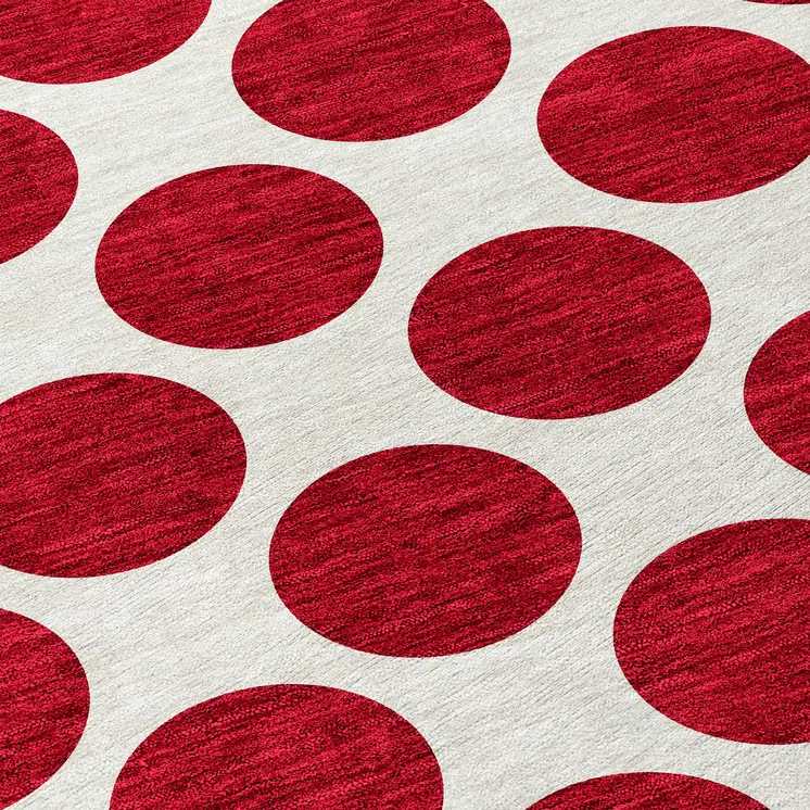 8' Red And Ivory Round Polka Dot Washable Indoor Outdoor Area Rug