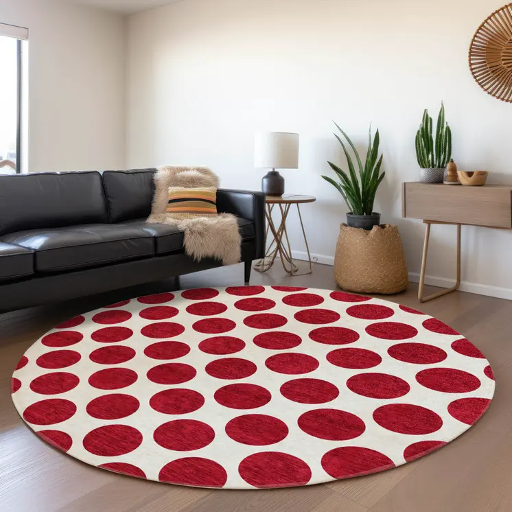 8' Red And Ivory Round Polka Dot Washable Indoor Outdoor Area Rug