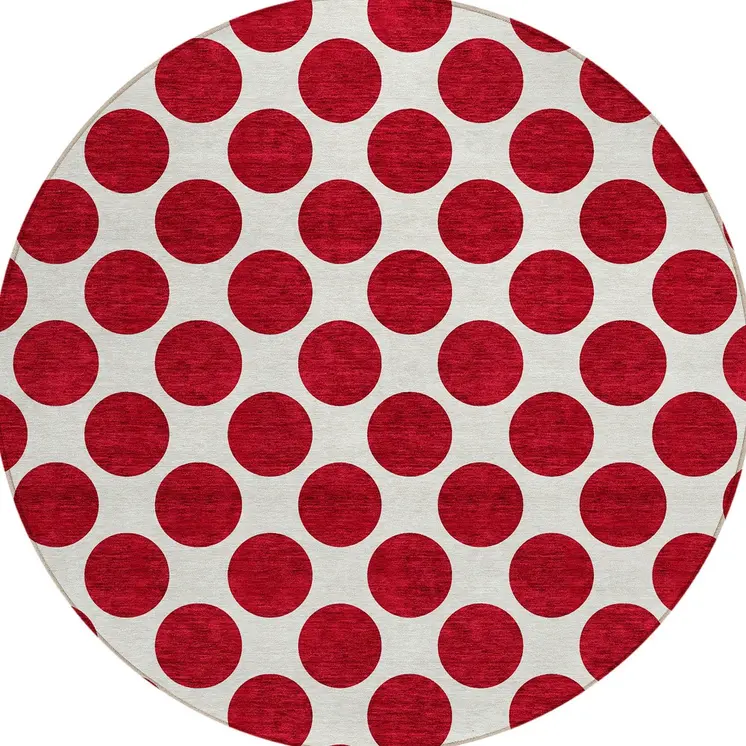 8' Red And Ivory Round Polka Dot Washable Indoor Outdoor Area Rug