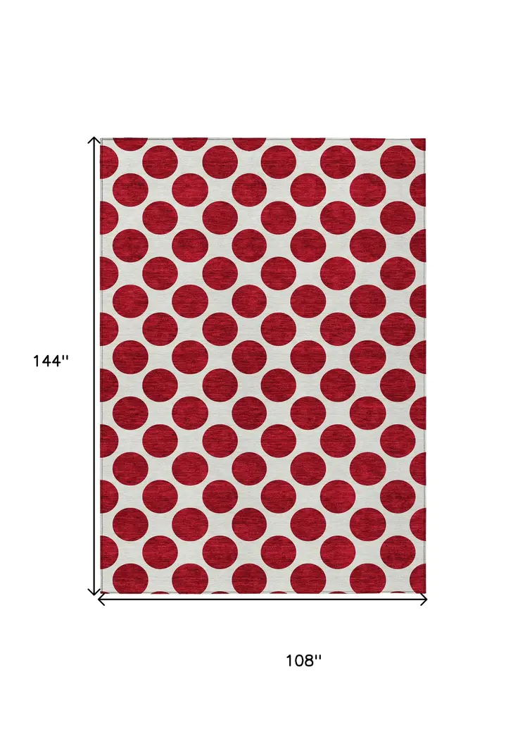 9' X 12' Red And Ivory Polka Dot Washable Indoor Outdoor Area Rug