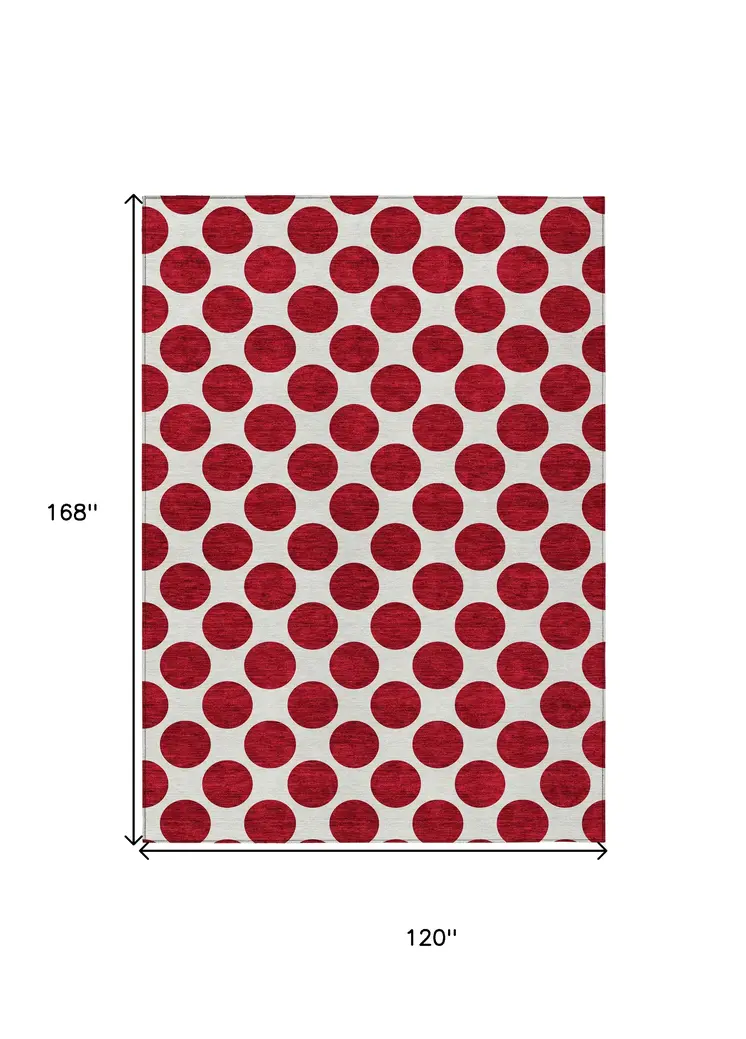 10' X 14' Red And Ivory Polka Dot Washable Indoor Outdoor Area Rug