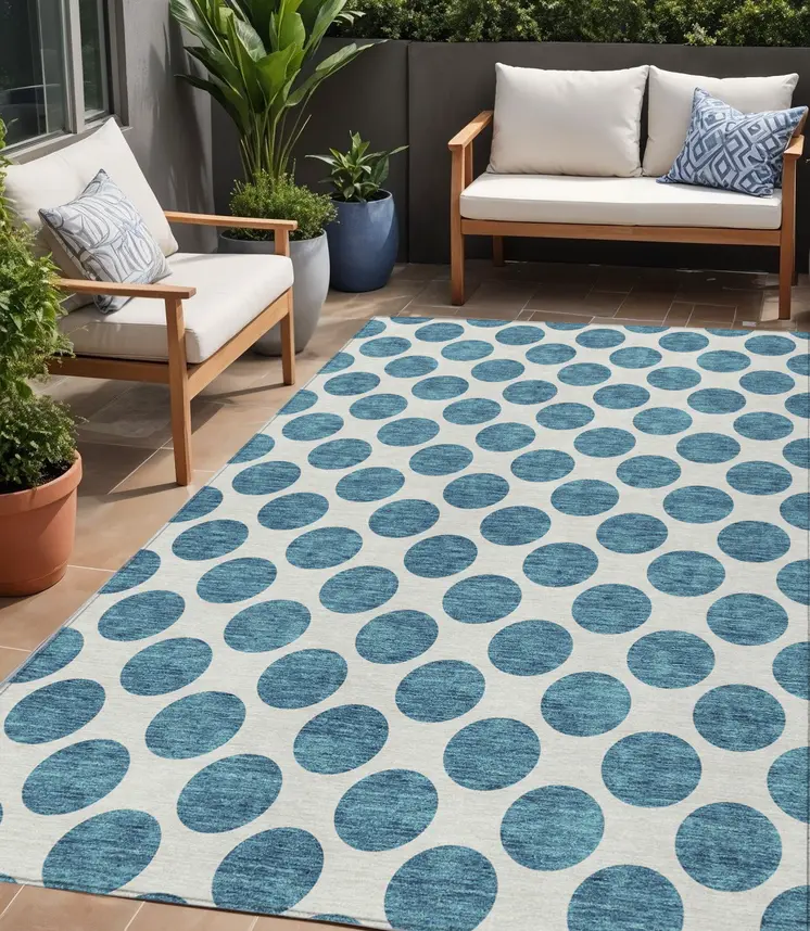 5' X 8' Teal Blue And Ivory Polka Dot Washable Indoor Outdoor Area Rug
