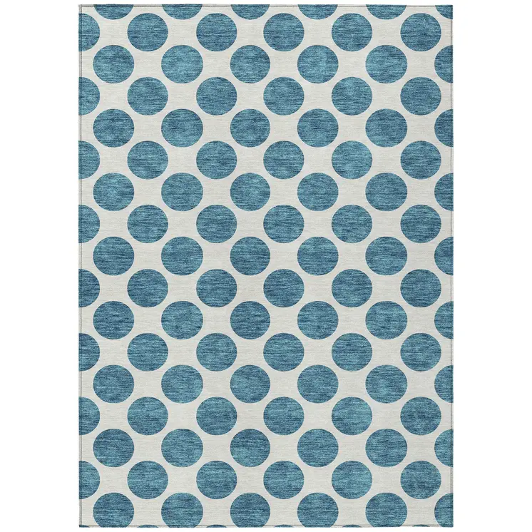 5' X 8' Teal Blue And Ivory Polka Dot Washable Indoor Outdoor Area Rug