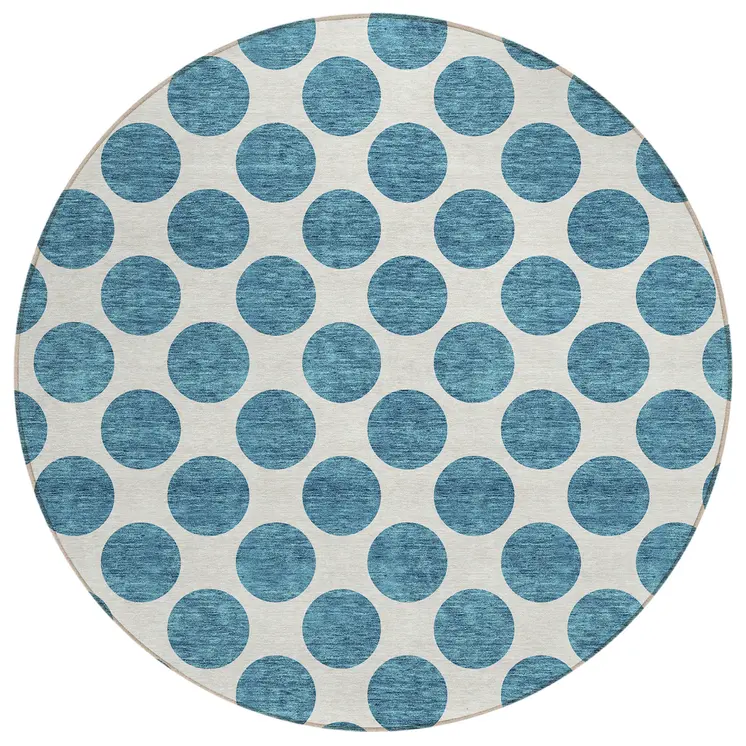 8' Teal Blue And Ivory Round Polka Dot Washable Indoor Outdoor Area Rug