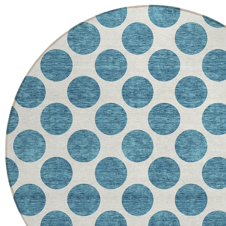 8' Teal Blue And Ivory Round Polka Dot Washable Indoor Outdoor Area Rug