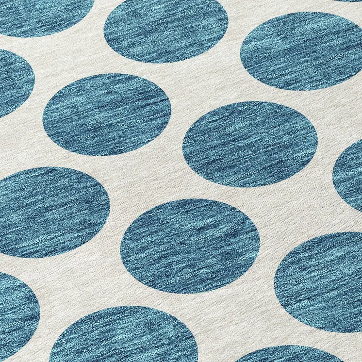 8' Teal Blue And Ivory Round Polka Dot Washable Indoor Outdoor Area Rug