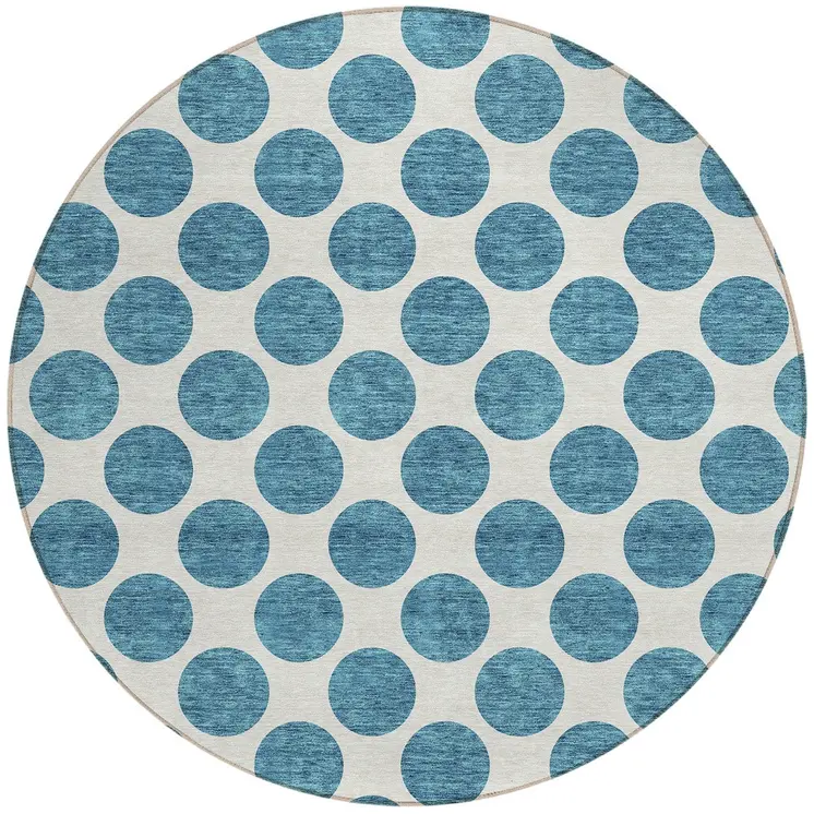 8' Teal Blue And Ivory Round Polka Dot Washable Indoor Outdoor Area Rug