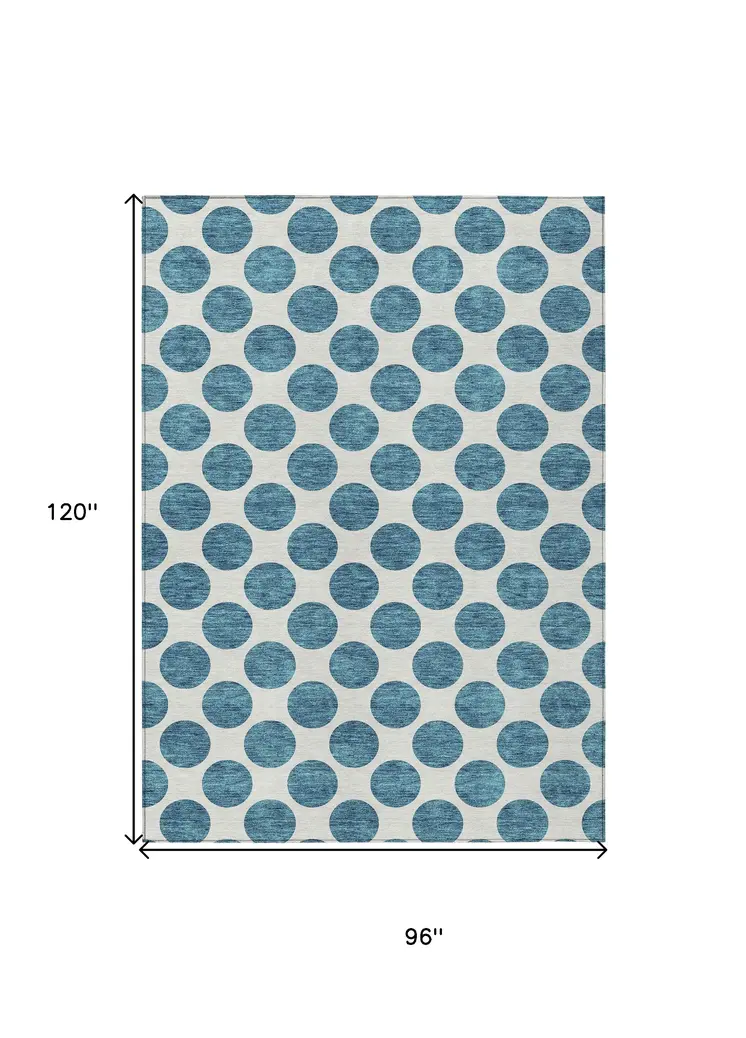 8' X 10' Teal Blue And Ivory Polka Dot Washable Indoor Outdoor Area Rug