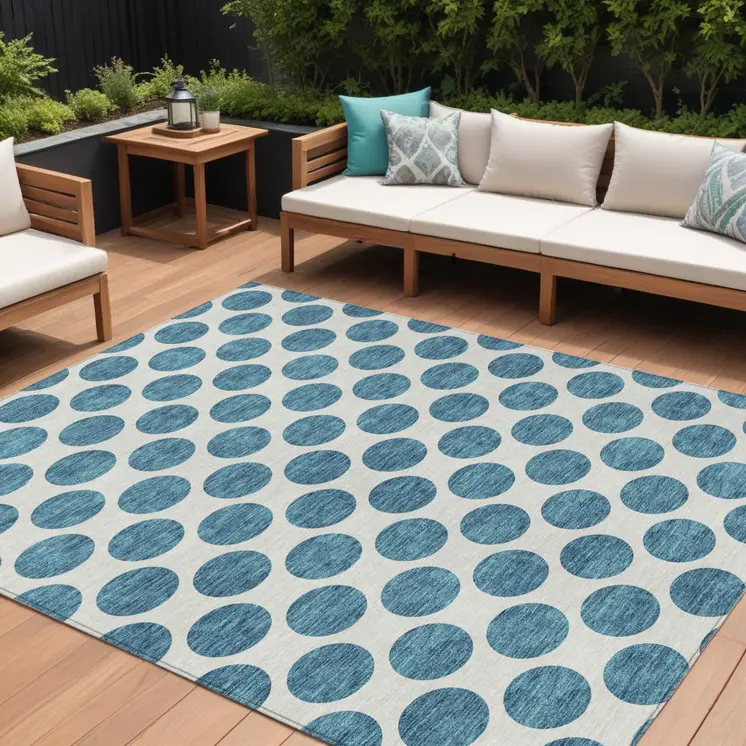8' X 10' Teal Blue And Ivory Polka Dot Washable Indoor Outdoor Area Rug