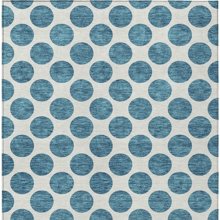 9' X 12' Teal Blue And Ivory Polka Dot Washable Indoor Outdoor Area Rug
