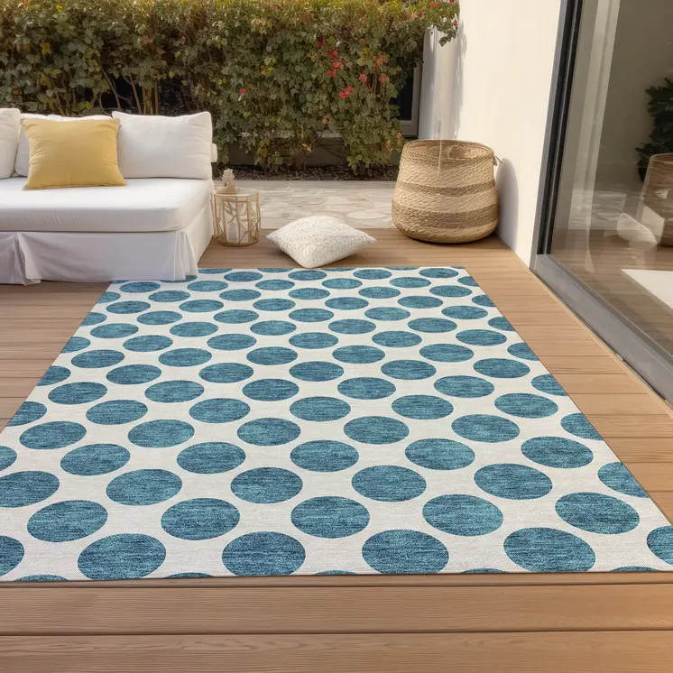 9' X 12' Teal Blue And Ivory Polka Dot Washable Indoor Outdoor Area Rug