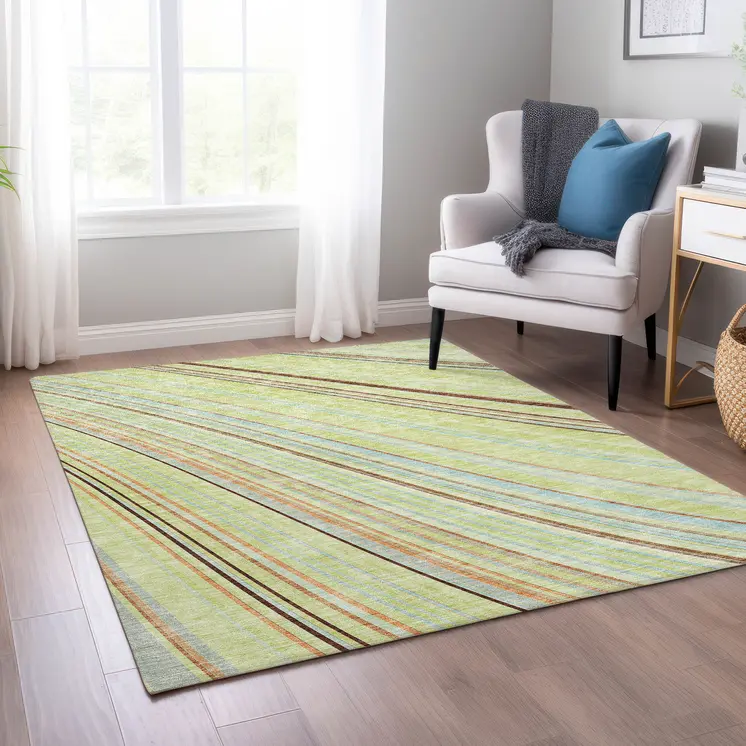 3' X 5' Sage Brown And Sky Blue Striped Washable Indoor Outdoor Area Rug