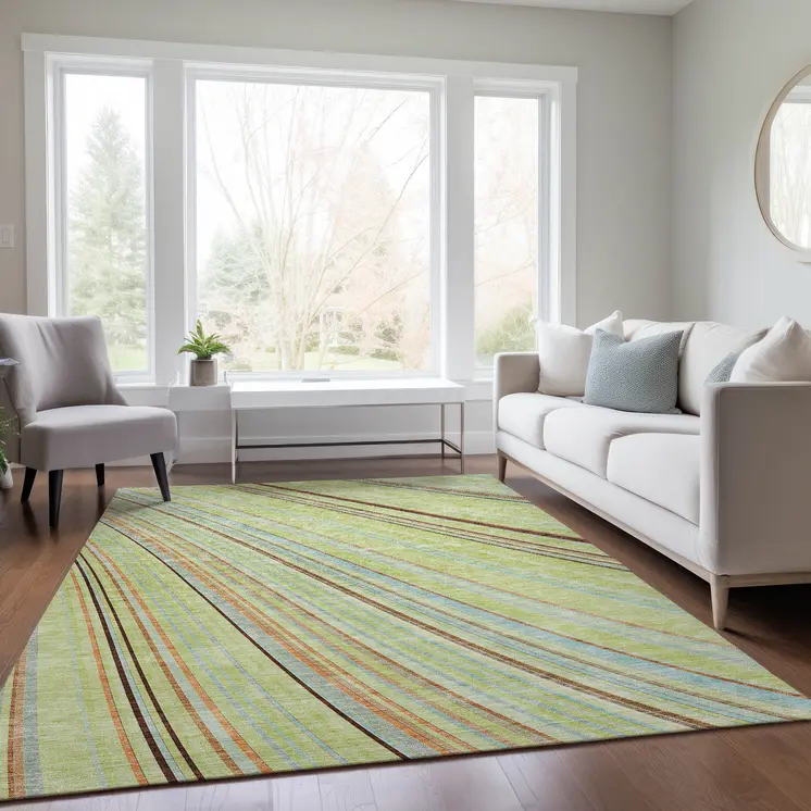 5' X 8' Sage Brown And Sky Blue Striped Washable Indoor Outdoor Area Rug
