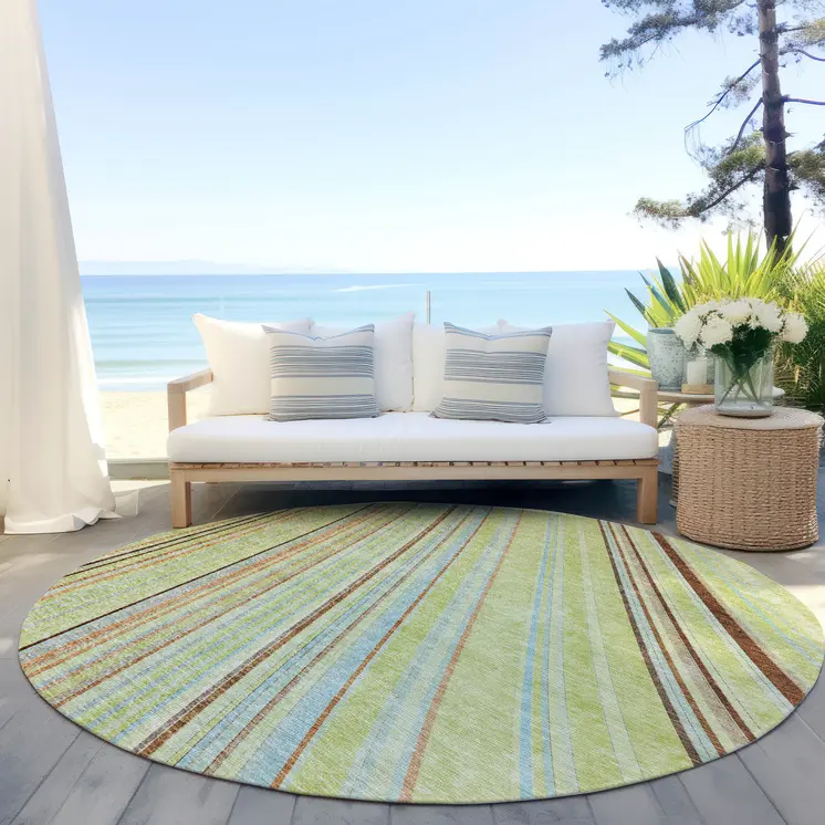 8' Sage Brown And Sky Blue Round Striped Washable Indoor Outdoor Area Rug