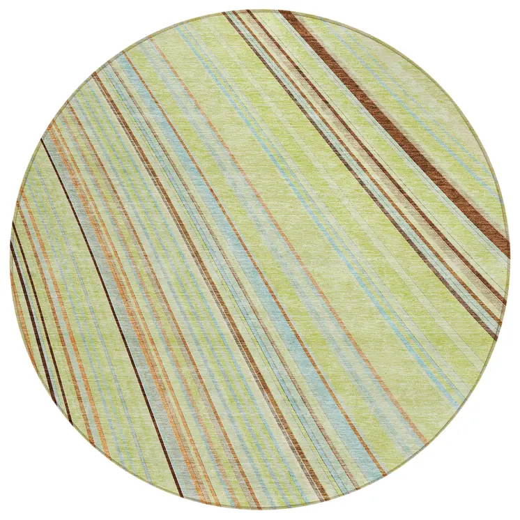 8' Sage Brown And Sky Blue Round Striped Washable Indoor Outdoor Area Rug