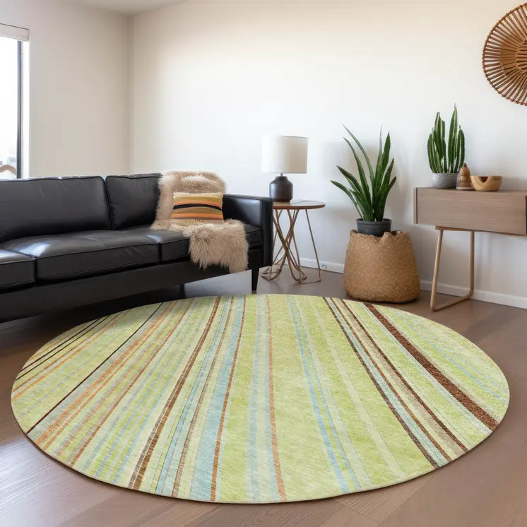 8' Sage Brown And Sky Blue Round Striped Washable Indoor Outdoor Area Rug