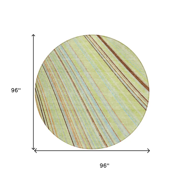 8' Sage Brown And Sky Blue Round Striped Washable Indoor Outdoor Area Rug