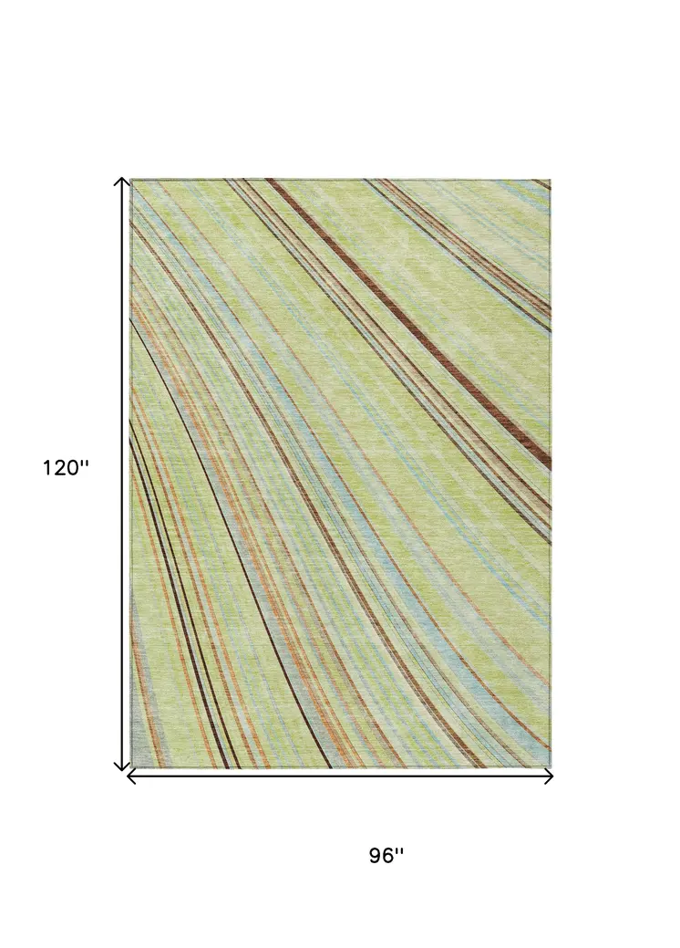 8' X 10' Sage Brown And Sky Blue Striped Washable Indoor Outdoor Area Rug