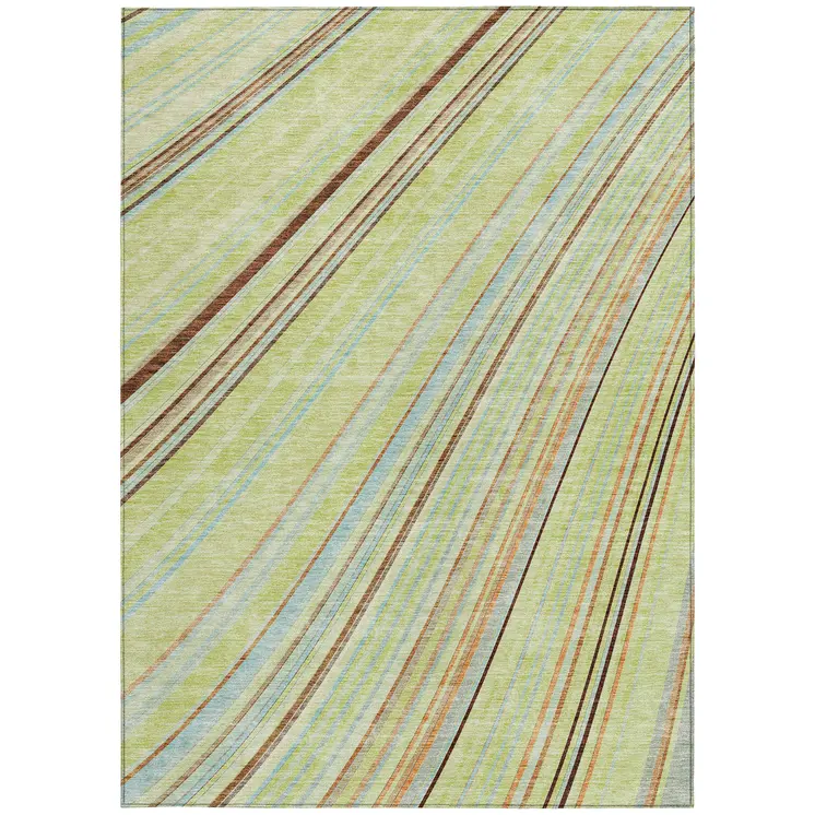 10' X 14' Sage Brown And Sky Blue Striped Washable Indoor Outdoor Area Rug