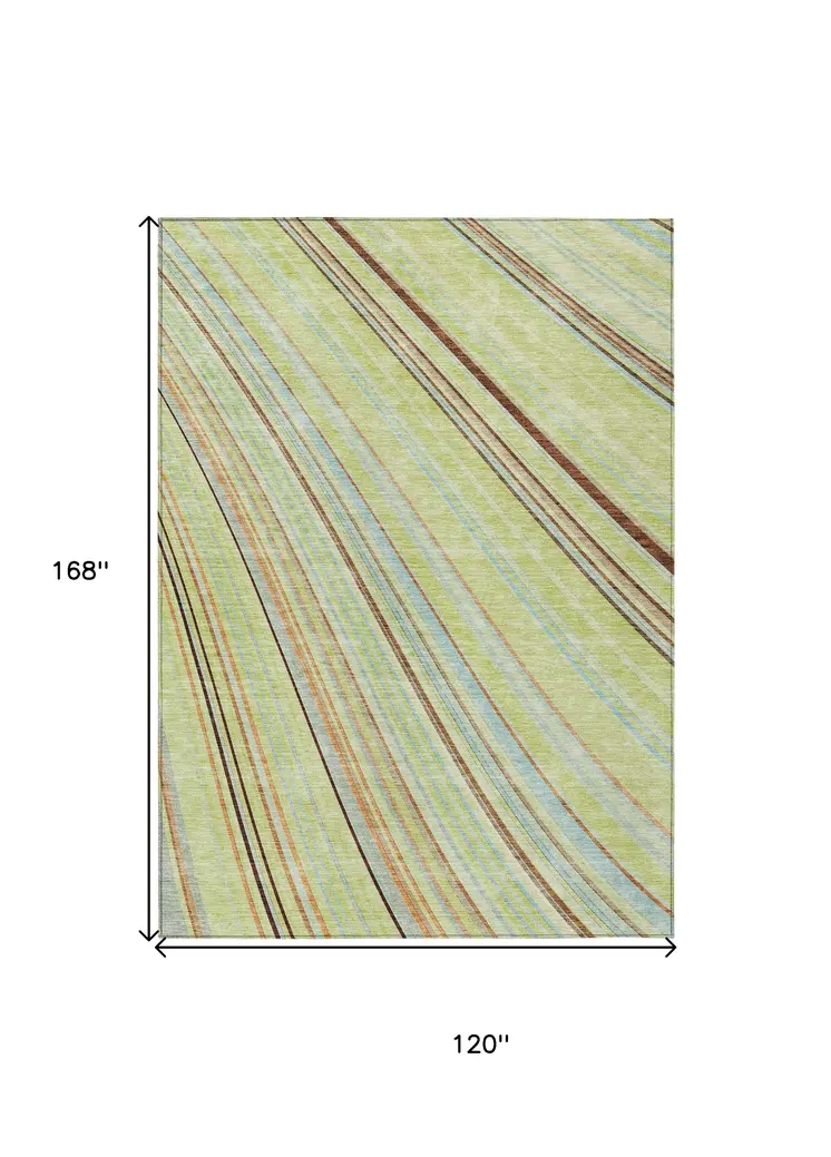 10' X 14' Sage Brown And Sky Blue Striped Washable Indoor Outdoor Area Rug