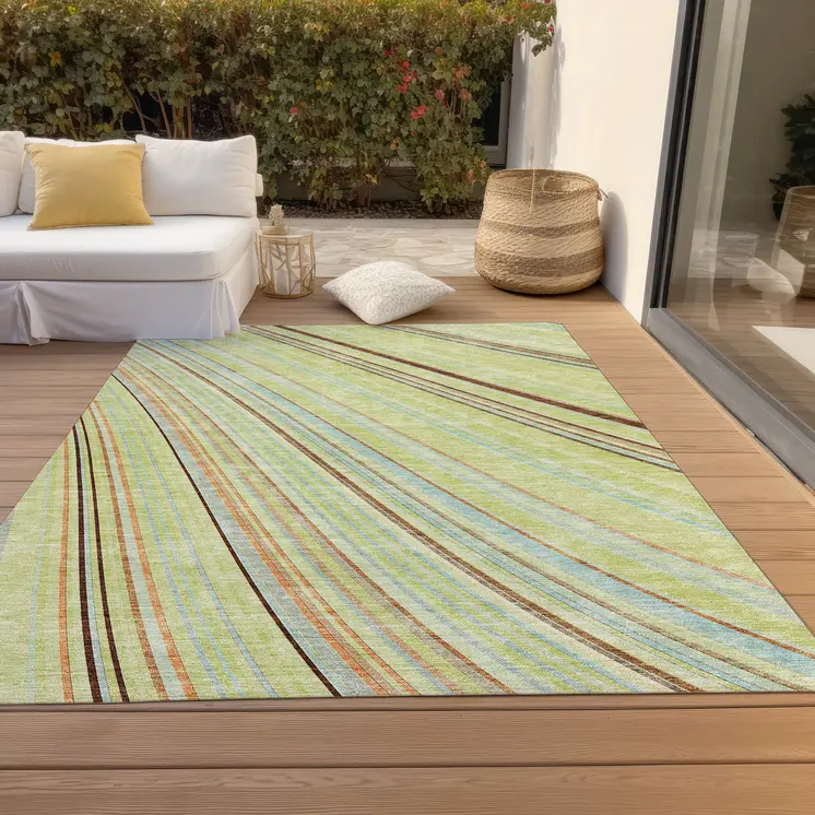 10' X 14' Sage Brown And Sky Blue Striped Washable Indoor Outdoor Area Rug