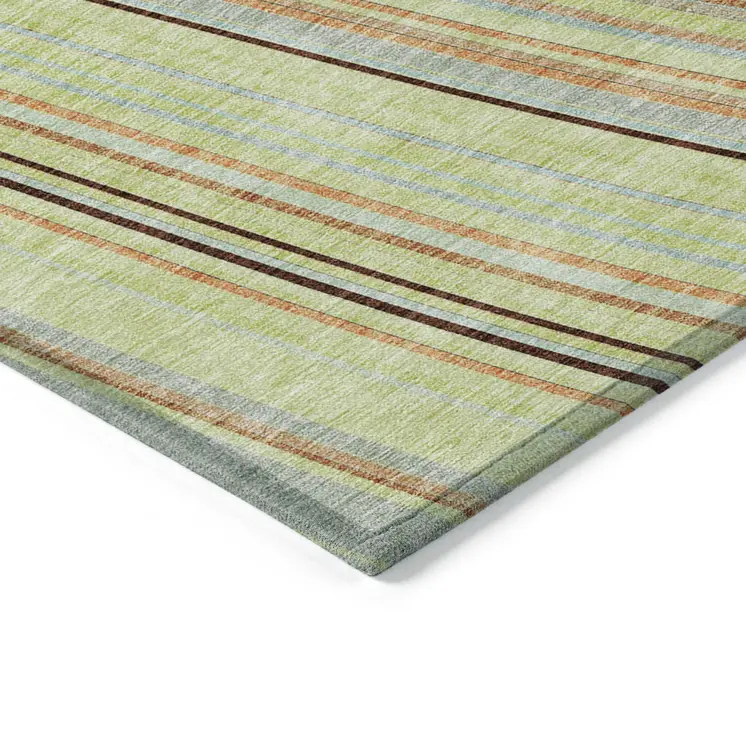 10' X 14' Sage Brown And Sky Blue Striped Washable Indoor Outdoor Area Rug