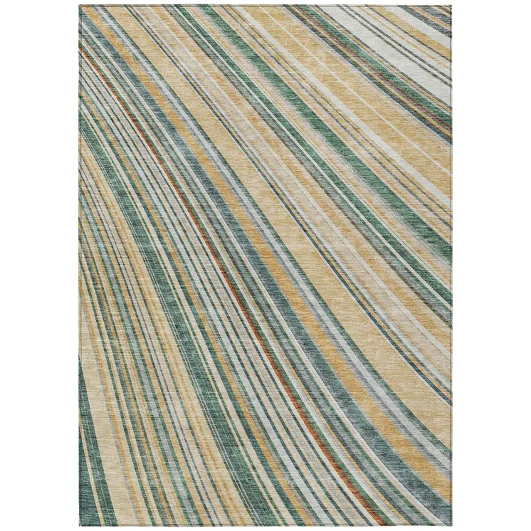 3' X 5' Beige Gold And Sage Striped Washable Indoor Outdoor Area Rug