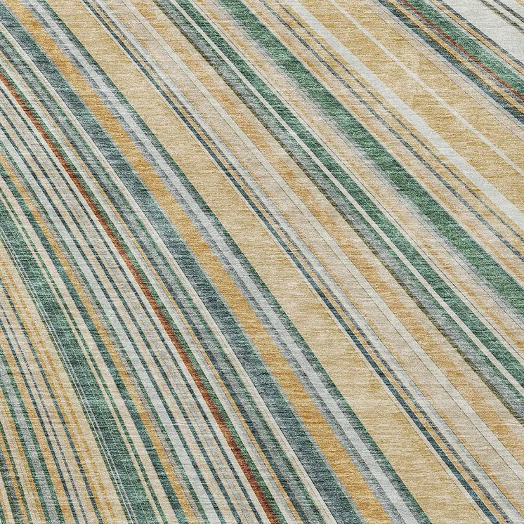 3' X 5' Beige Gold And Sage Striped Washable Indoor Outdoor Area Rug