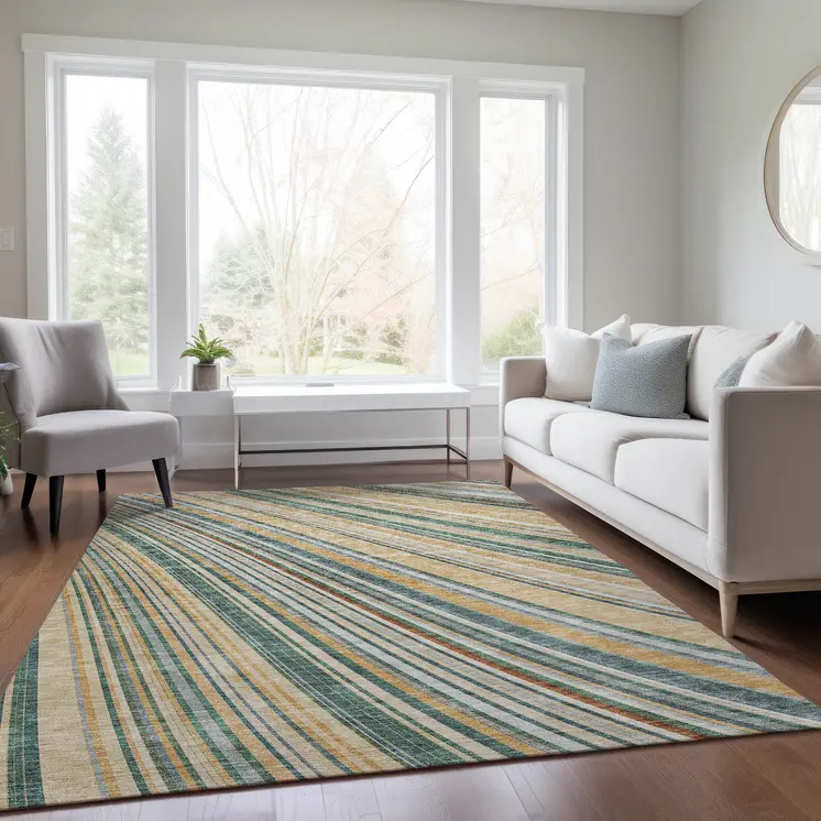 3' X 5' Beige Gold And Sage Striped Washable Indoor Outdoor Area Rug