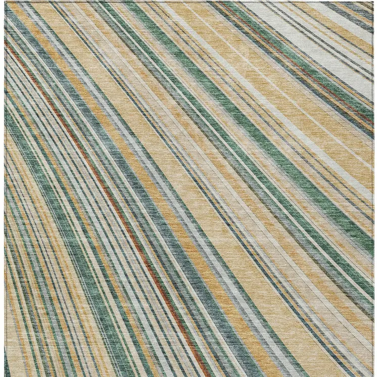 5' X 8' Beige Gold And Sage Striped Washable Indoor Outdoor Area Rug